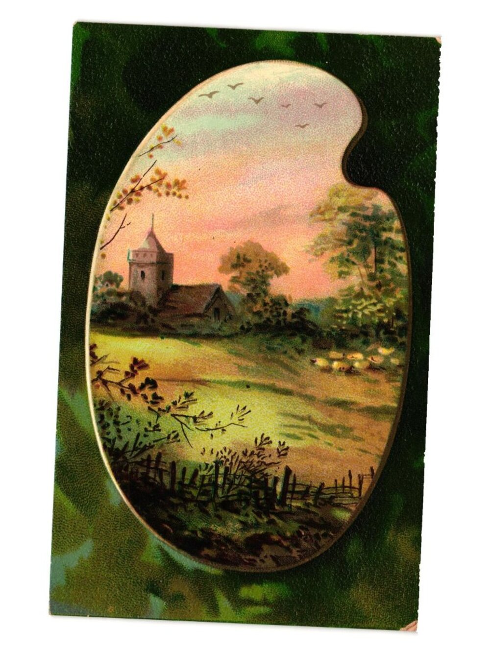 Vintage German Scenic Postcard Folded Edge Village Sheep Illustration Rare 623